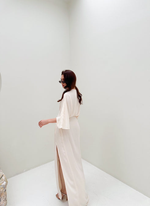 Women Casual V-neck Napless Flare Sleeves Maxi Slit Dress
